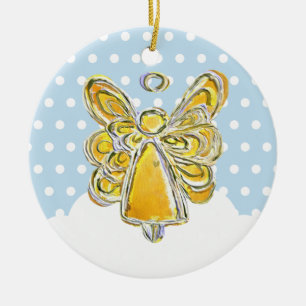 Ornement En Céramique Ange Jaune De Noël Jouant Dans L'Ornement De Neige