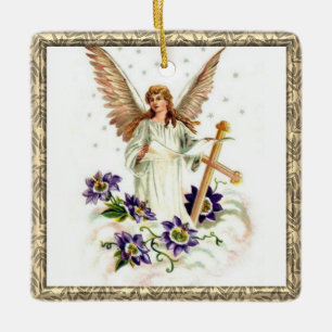 Ornement En Céramique Angel Avec Croix Et Fleurs Clematis Orna En Cérami