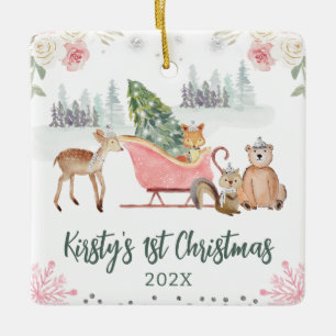 Ornement En Céramique Animaux de la forêt à l'aquarelle Fleur 1er Noël