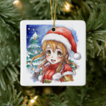 Ornement En Céramique Anime Anime fille Noël personnalisé<br><div class="desc">Jolie fille d'anime aquarelle dans un chapeau de Père Noël devant un arbre de Noël autocollants personnalisés.</div>