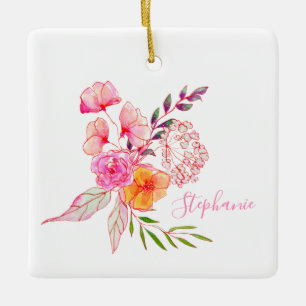 Ornement En Céramique Aquarelle Cute Floral Rose Type Nom