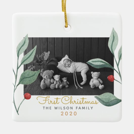 Ornement En Céramique Aquarelle de Noël Verdure & Berry (Devant)