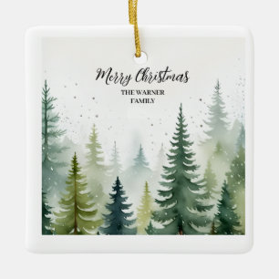 Ornement En Céramique Aquarelle Forêt de Noël Arbres neige hiver