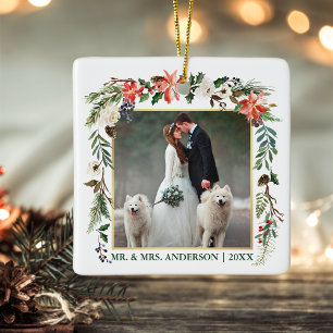 Ornement En Céramique Aquarelle hiver Floral Vert or Mariage photo