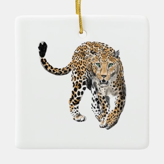 Ornement En Céramique aquarelle léopard jungle chat peint vert animal (Devant)