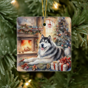 Ornement En Céramique Aquarelle Malamute en Alaska - Scène de Noël