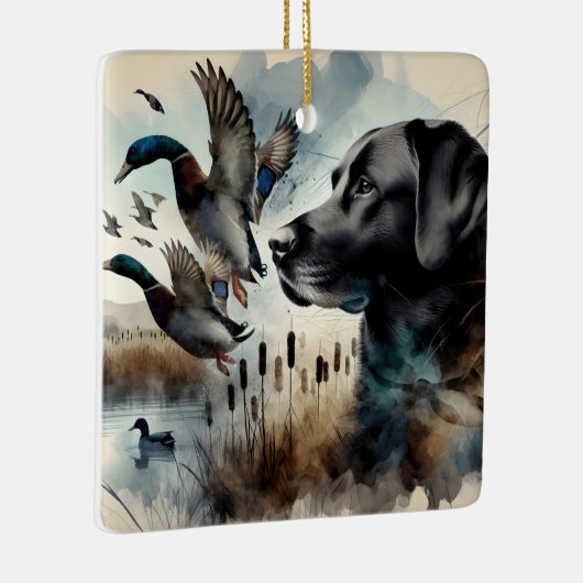 Ornement En Céramique Aquarelle Noir Labrador Et Canards (Droite)