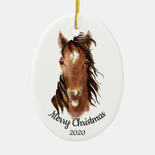 Ornement En Céramique Aquarelle personnalisée de Noël Attitude du cheval