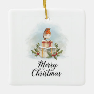 Ornement En Céramique Aquarelle Robin Cadeaux Holly Joyeux Noël