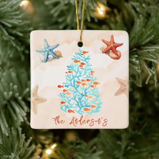 Ornement En Céramique Aquarelle Starfish Shells Sandy Beach Noël (Arbre)