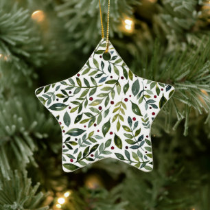 Ornement En Céramique Aquarelle verte branches saisonnières et baies