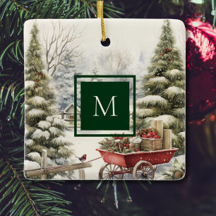 Ornement En Céramique Aquarelle Vintage sapin de Noël Monogramme foresti