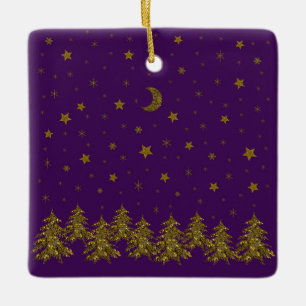 Ornement En Céramique Arbre de Noël en or brillant, lune, étoiles sur vi