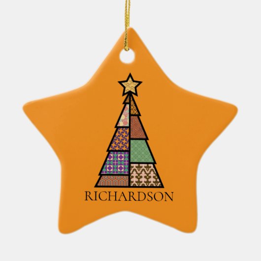 Ornement En Céramique Arbre de Noël patchwork avec monogramme (Devant)