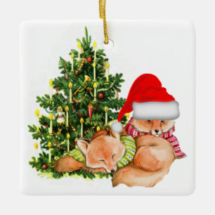 Ornement En Céramique Arbre de Noël vintage et renards de vacances