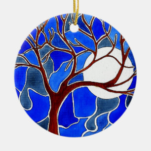 Ornement En Céramique Arbre et lune sur la toile - bleu