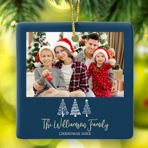 Ornement En Céramique Arbres de photo de famille de Noël bleu Écriture f