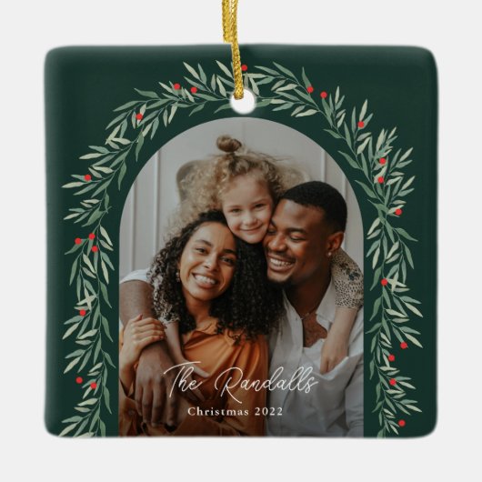 Ornement En Céramique Arc de verdure Script moderne Photo Noël (Devant)