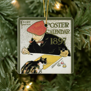 Ornement En Céramique Art Nouveau vintage, Peinture Artiste avec chat an