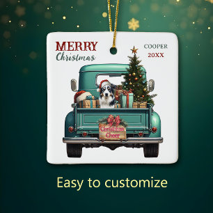 Ornement En Céramique Australian Shepherd Chien Retro Truck Noël