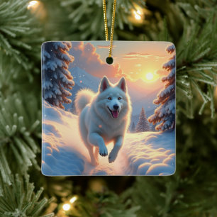 Ornement En Céramique Aventure de Noël en montagne enneigée avec un Samo