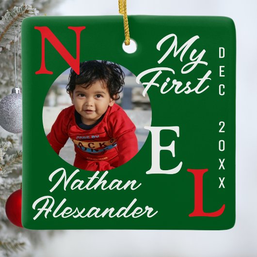 Ornement En Céramique Baby Boy First Christmas Red & Green Noel Photo