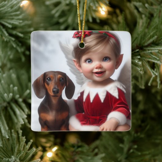 Ornement En Céramique Baby Christmas Elf and Dachshund Card (Arbre)