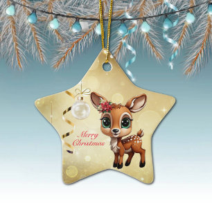 Ornement En Céramique Baby Deer, Fawn, Doe 🦌 Gold Joyeux Noël