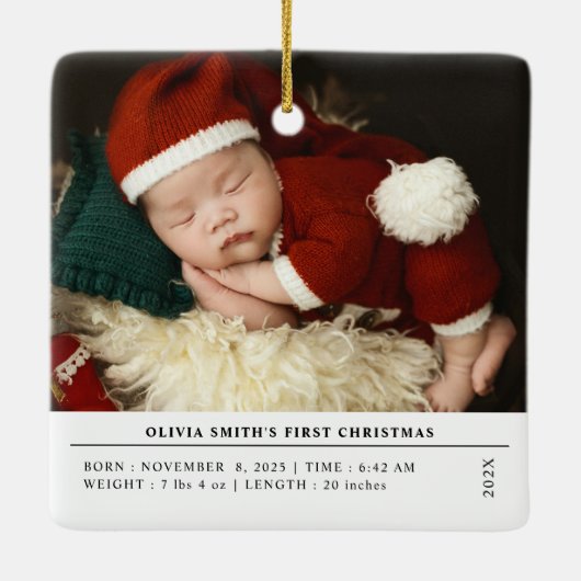 Ornement En Céramique Baby First Christmas Birth Stats Faire-part (Dos)