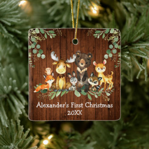 Ornement En Céramique Baby First Christmas Bois Animaux Rustiques