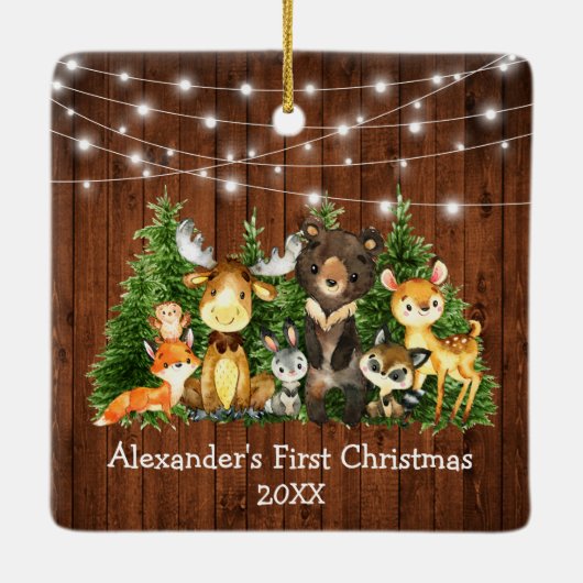 Ornement En Céramique Baby First Christmas Forest Animaux Lumières Carré (Dos)