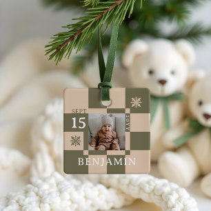 Ornement En Céramique Baby First Christmas Fun Retro Checkerboard Photo