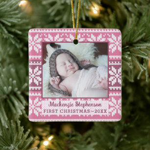 Ornement En Céramique Baby First Christmas Pink Snowflake Sweater Photo