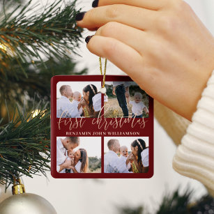 Ornement En Céramique Baby First Christmas Red Gold Script Four Photo