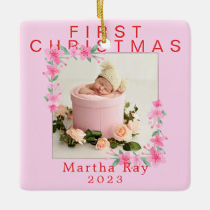 Ornement En Céramique Baby Girl First Christmas Soft Cadre floral rose