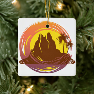 Ornement En Céramique Badge avec paysage volcanique tropical et palmiers