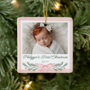 Ornement En Céramique Baies Rose Aquarelle Ruban Premier Noël de Bébé