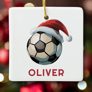 Ornement En Céramique Ballon de Football Rouge Chapeau de Santa Nom Noël