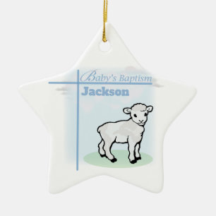 Ornement En Céramique Baptême Agneau Garçon Bleu, Personnalisable