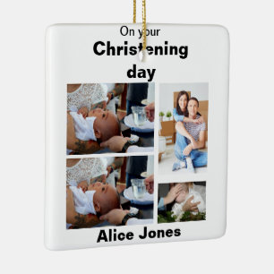 Ornement En Céramique Baptême Personnalisé 4 Photo Collage