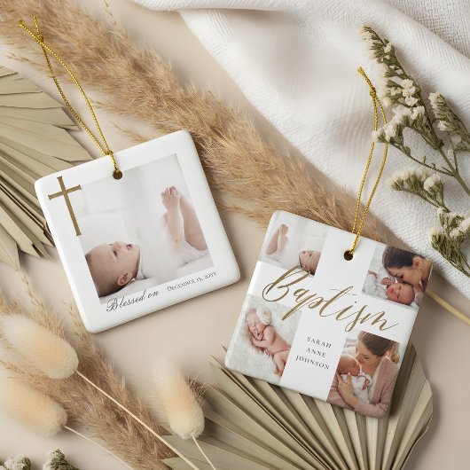 Ornement En Céramique Baptism Calligraphy Photo Collage Baby Keepsake