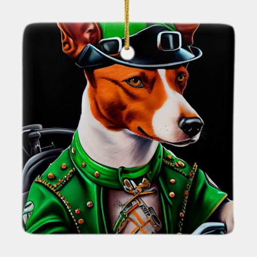Ornement En Céramique Basenji Chien conduisant vélo St. Patrick's Day (Dos)