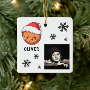 Ornement En Céramique Basket Ball Santa Hat Snowflake Nom Photo