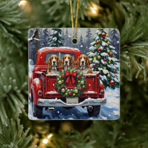 Ornement En Céramique Basset Hound Noël Camion Rouge Fêtes