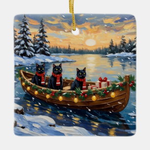 Ornement En Céramique Bateau de Noël de Chat Noir Fêtes