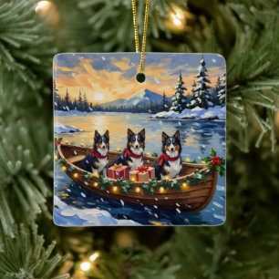 Ornement En Céramique Bateau de Noël de Collie à poil long pour les Fête