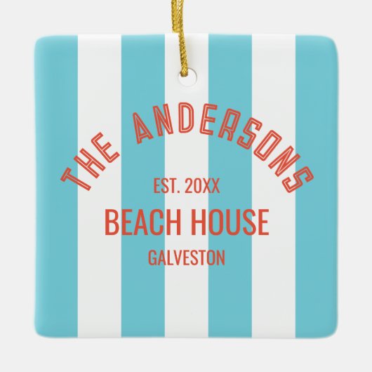Ornement En Céramique Beach House Nom personnalisé Blue Cabana Stripe (Devant)