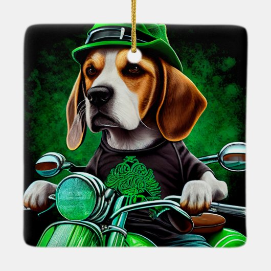 Ornement En Céramique Beagle Chien conduisant vélo St. Patrick's Day (Dos)