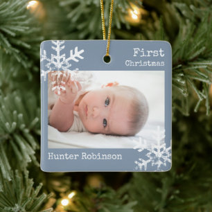 Ornement En Céramique Bébé Bleu Poussiéreux Premier Noël Photo Flocon de
