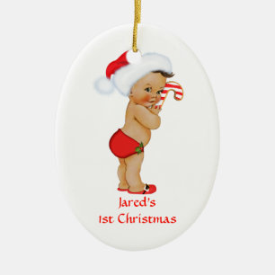 Ornement En Céramique Bébé ethnique garçon premier Noël chapeau rouge de
